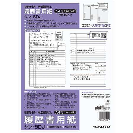 履歴書用紙（大型封筒付き・性別欄なし）標準Ａ４